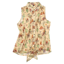 recycled plastic women buttoned chiffon tank shirt Rpet stand collar sleeveless shirt cactus and boots printing western shirt